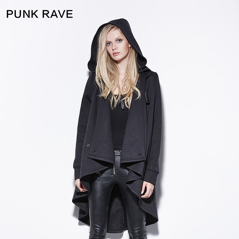 PUNK RAVE设计师品牌冬季新品 个性不对称中长款连帽卫衣外套女冬