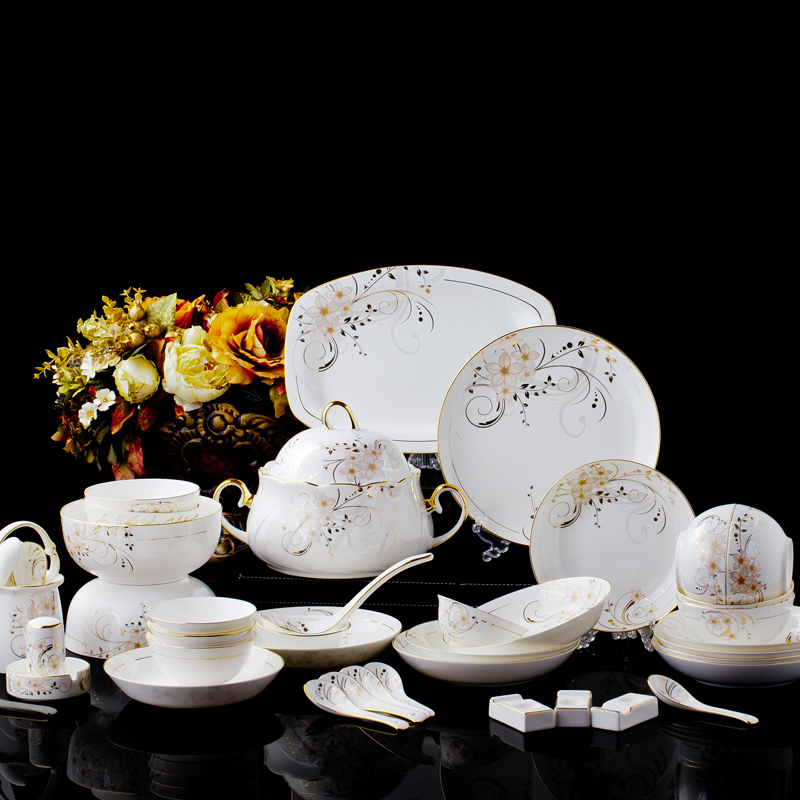 镶金骨瓷餐具套装 景德镇陶瓷碗碟套装碗盘套装家用欧式礼品