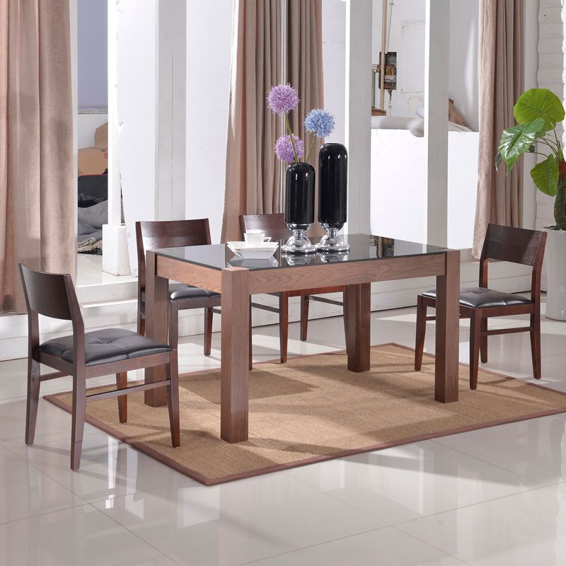 中小户型2014简约现代黑色钢化玻璃胡桃木实木贴皮餐桌新款家具