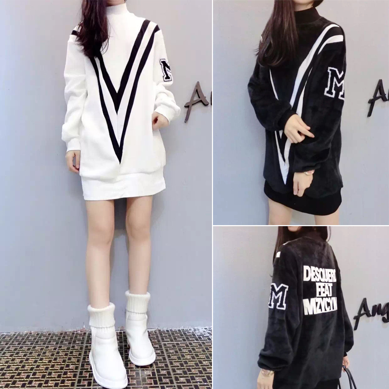 韩国2015秋冬装女装新款大码中长款字母套头加绒加厚长袖卫衣绒衫