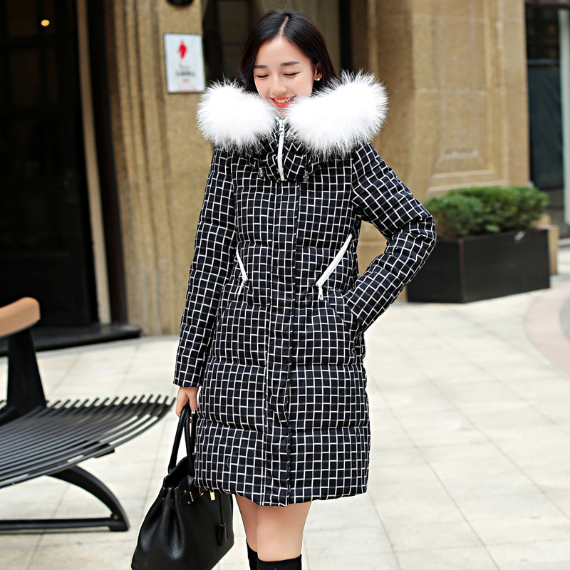 2015冬新韩版修身大毛领棉衣女中长款连帽加厚格子棉衣长过膝保暖