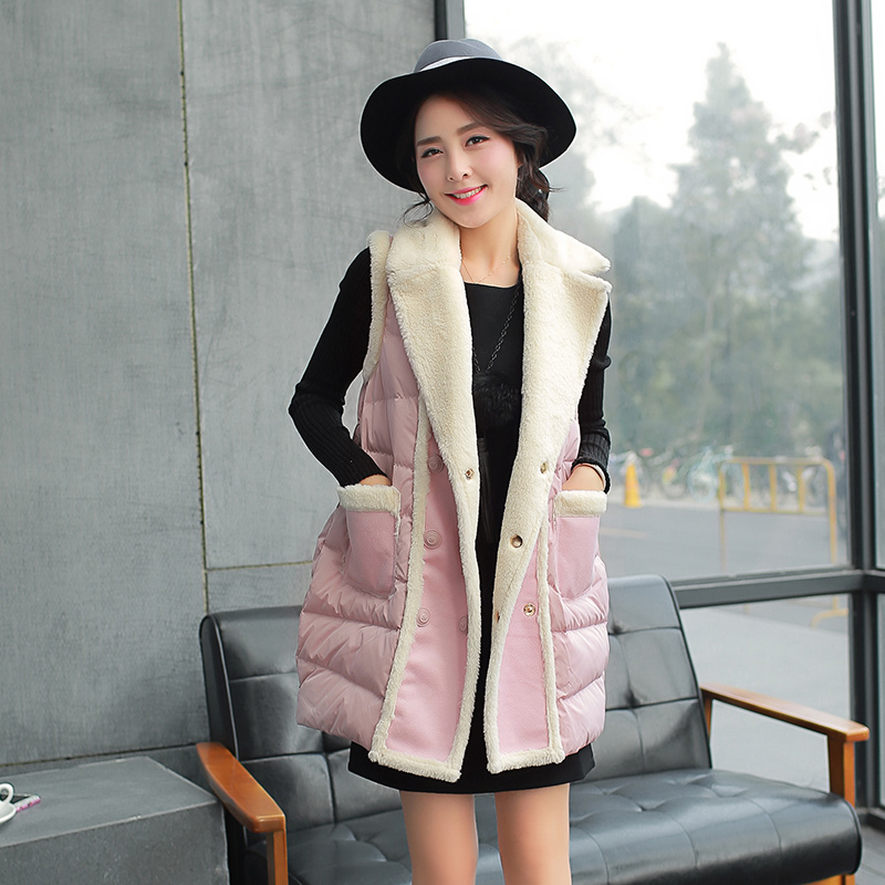 2015秋冬款女 韩版时尚显瘦 羊羔绒皮毛一体拼接中长款羽绒棉马夹