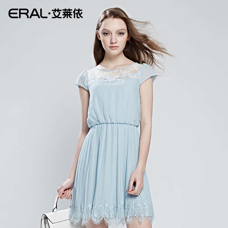 艾莱依2015夏新款纯色短袖蕾丝雪纺拼接修身女连衣裙NDT04103