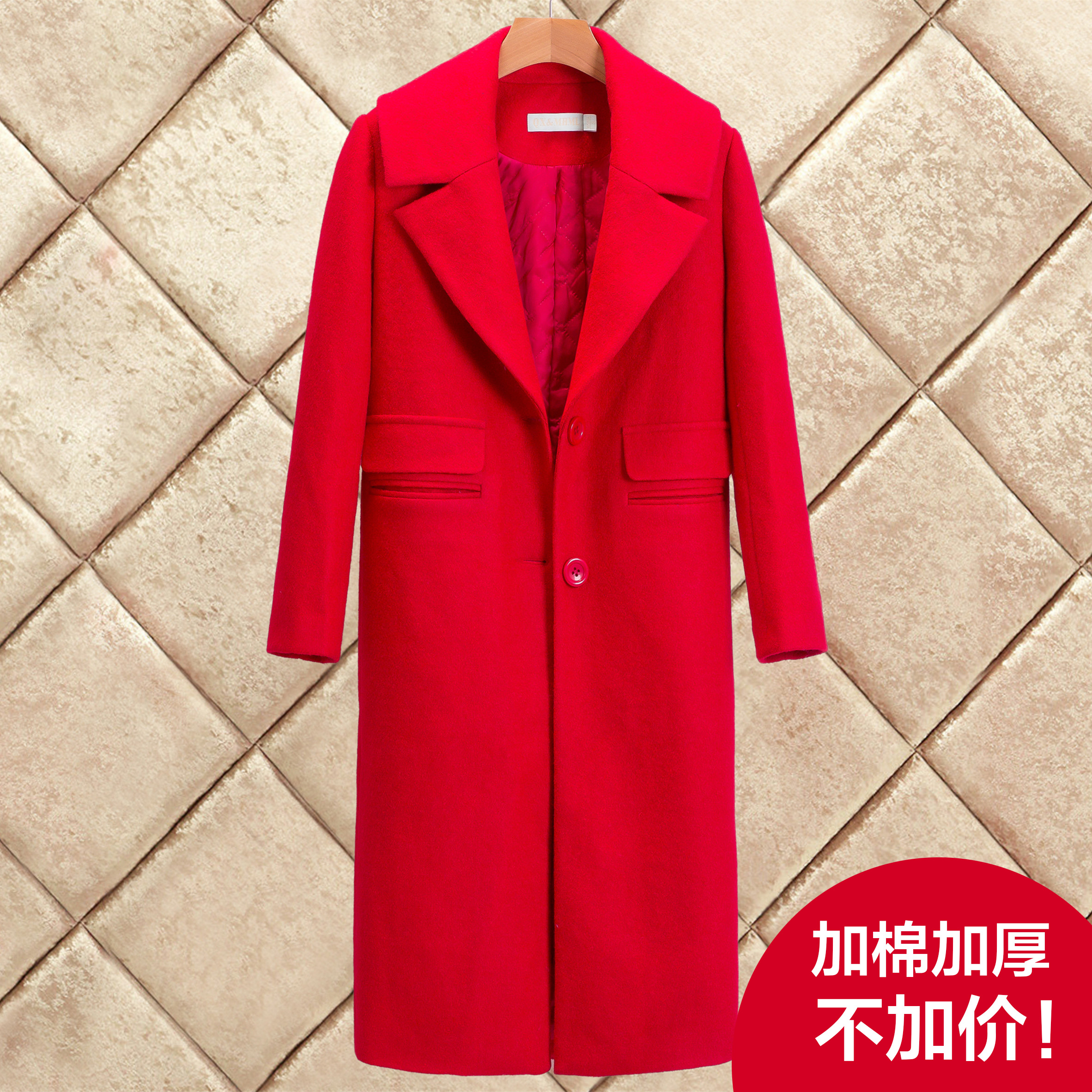 2016秋冬新款韩版中长款直筒羊毛显瘦红色加厚毛呢外套女呢子大衣