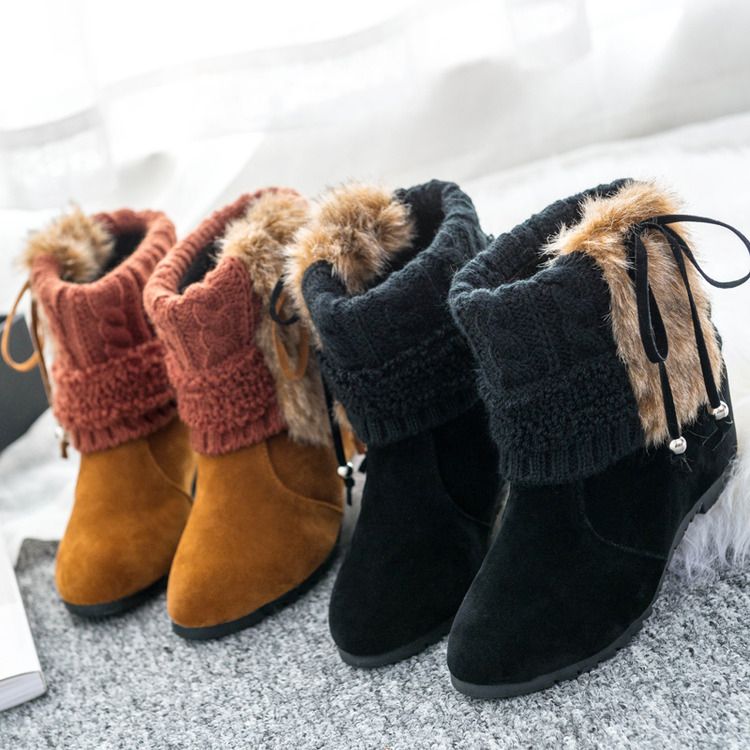 2015冬季韩版新款毛线雪地靴短靴女鞋圆头平底内增高短筒靴女靴子