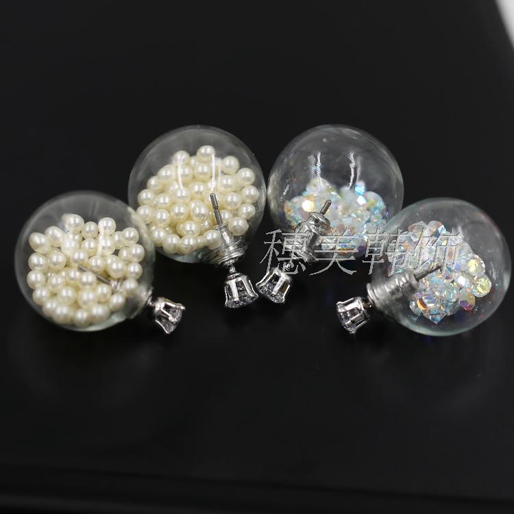 韩国进口透明圆球气泡内装活动珍珠水钻耳钉时尚清新热卖耳环