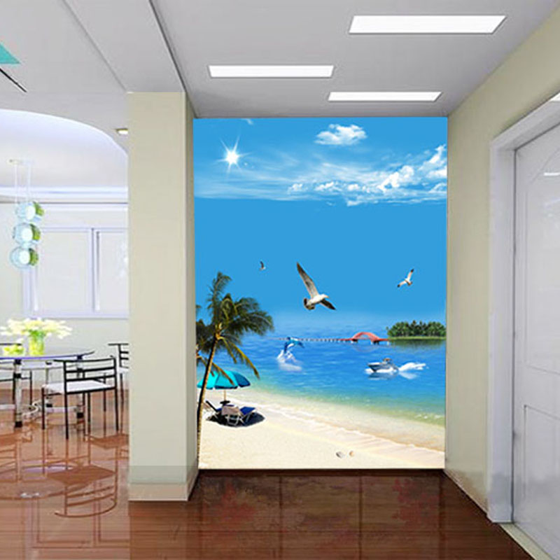 大型壁画3D玄关 竖版海鸥海景 走廊墙纸 过道尽头壁纸书房墙衣