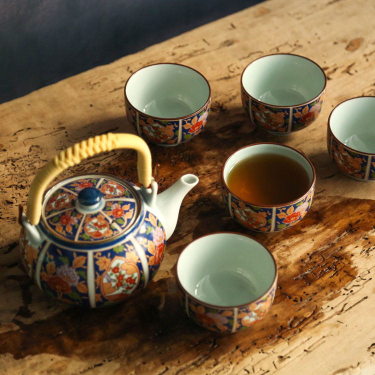 【现货】日本进口陶瓷茶具花纸金澜古伊万里提梁茶具礼品盒套装