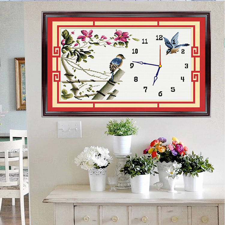 最新款印花时钟十字绣钟表卧室图简约现代客厅大幅花卉挂钟系列画