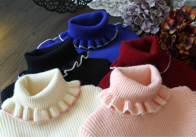 2015冬新品女童好品质羊绒针织衫甜美木耳滚边撞色高领打底衫毛衣