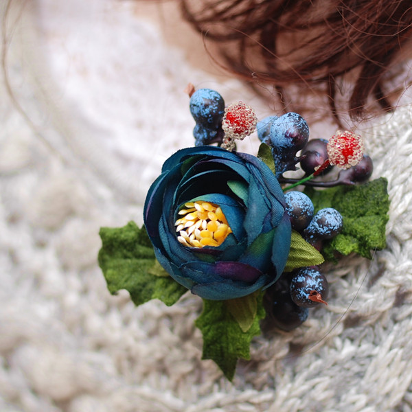 原创设计，森林系森女手工作蓝莓浆果油画花朵胸针发夹发饰两用