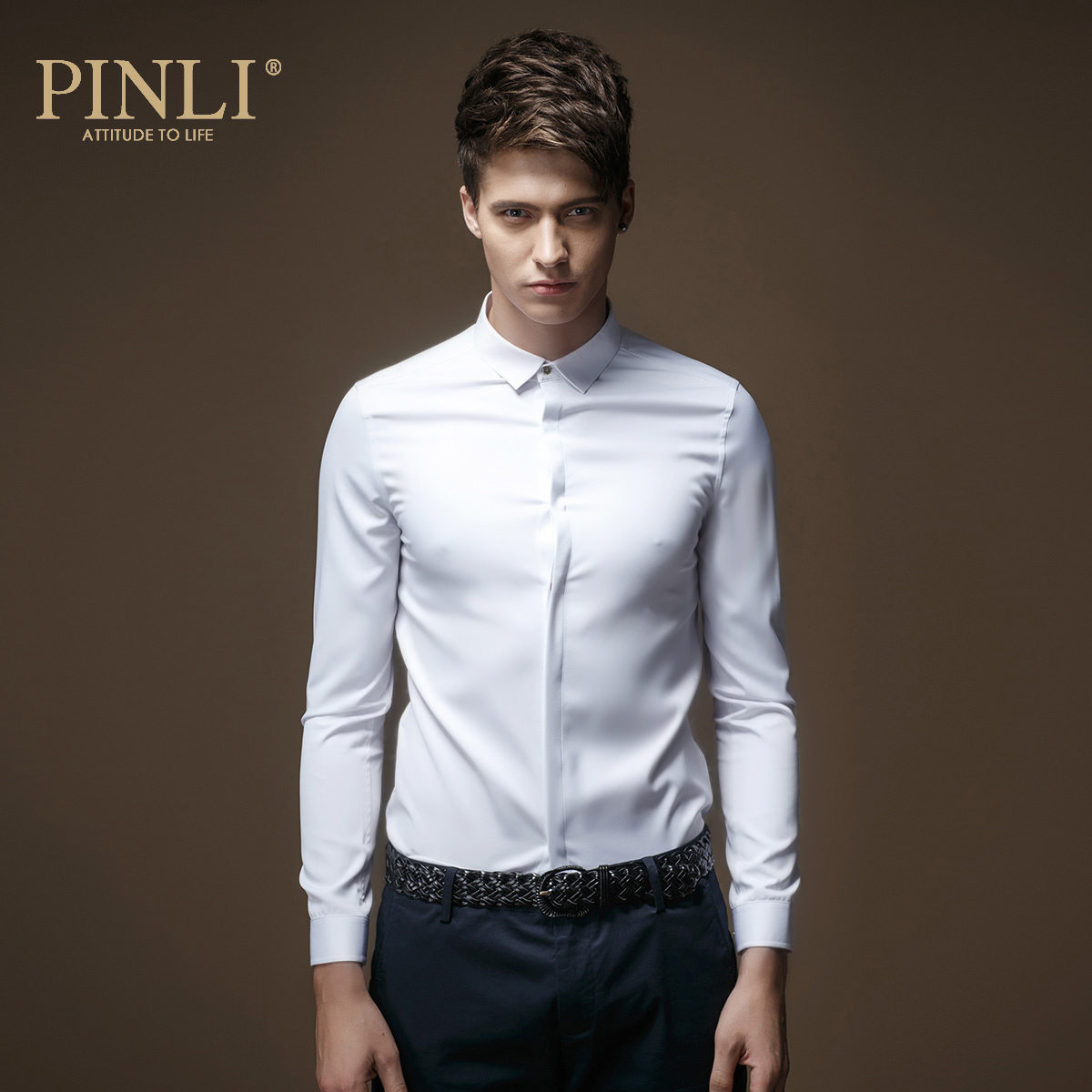 PINLI 品立英绅 春装男装纯色微领长袖衬衫男微弹修身衬衣潮 C029