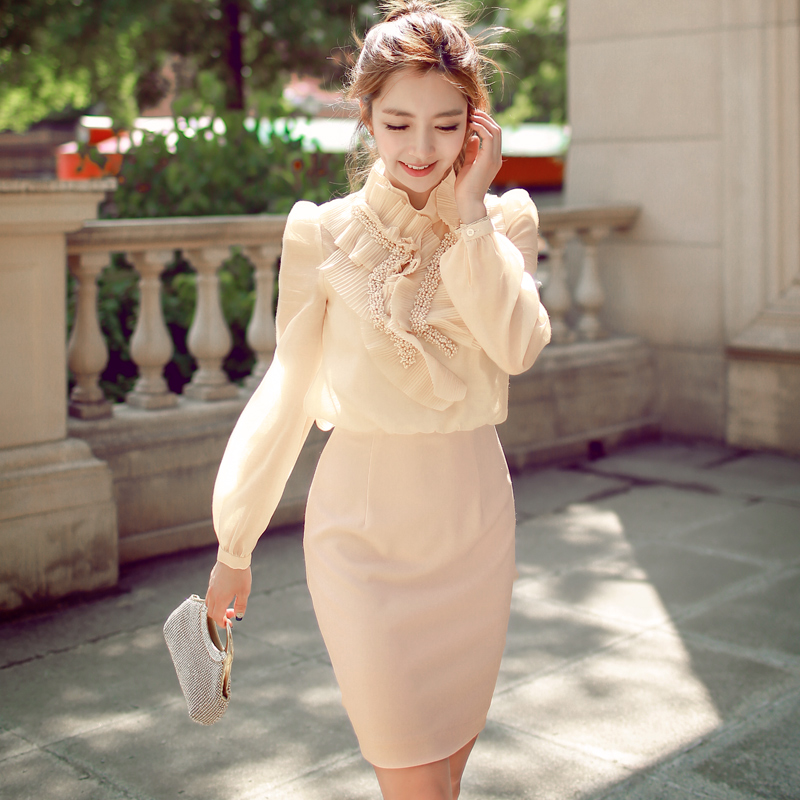 雪纺连衣裙粉红大布娃娃2015秋装新品修身长袖珍珠气质优雅连衣裙