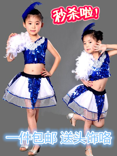 儿童现代舞演出服幼儿爵士舞表演服女童舞蹈服装宝蓝色亮片蓬蓬裙