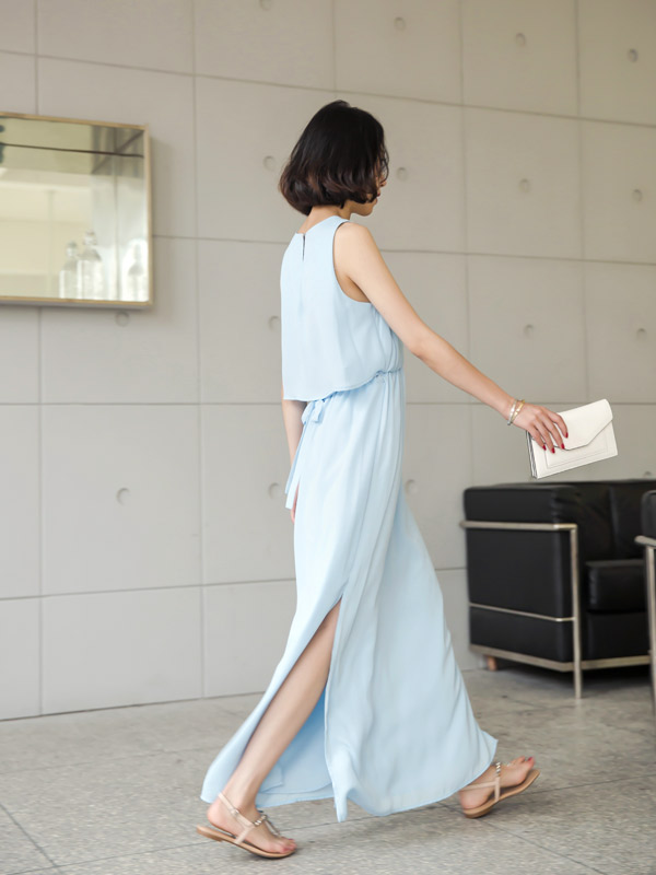 夏季连衣裙2015新款韩版雪纺沙滩裙度假裙夏装大摆天蓝色长裙女