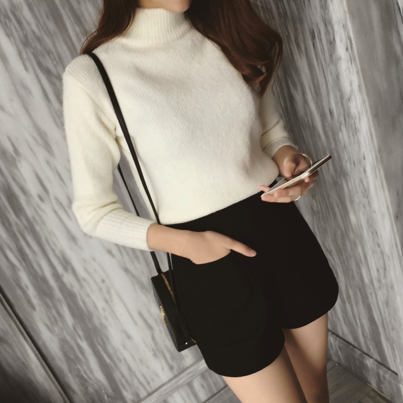 韩国代购2015冬装韩版手抓绒中领半高领毛衣女短款套头加厚打底衫