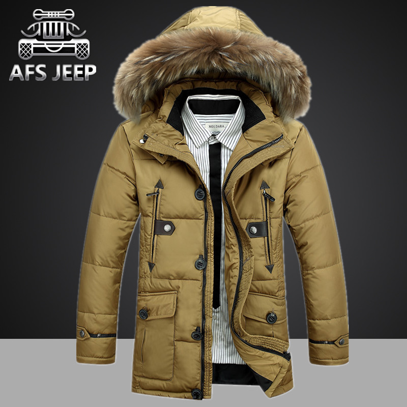 AFS JEEP新款冬季男式连帽羽绒服男士中长款加厚保暖韩版男装棉服