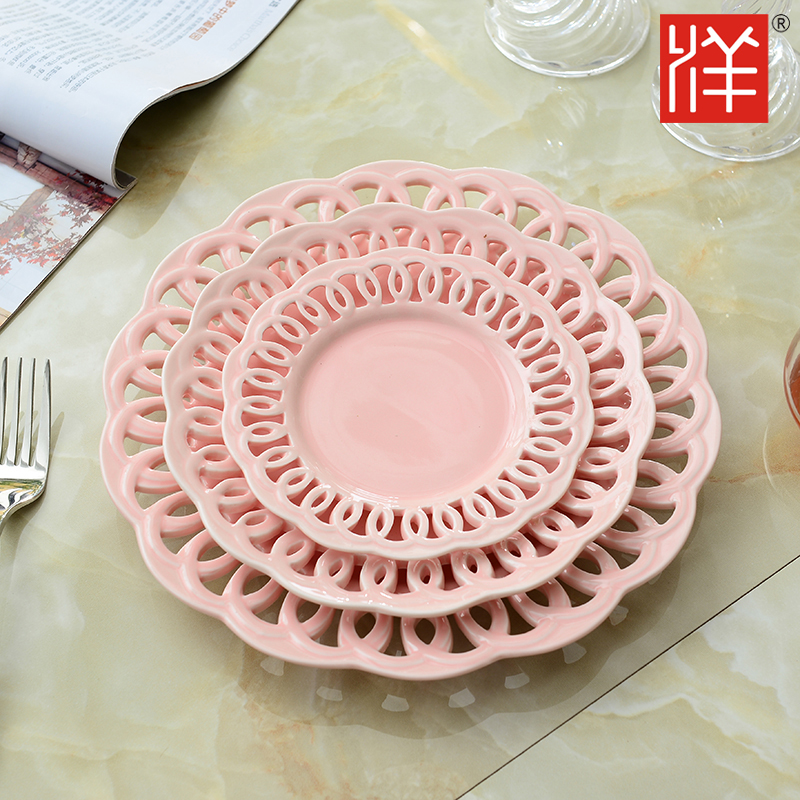 日韩式粉色陶瓷牛排盘镂空典雅平盘创意蛋糕盘点心盘糕点盘零食盘折扣优惠信息