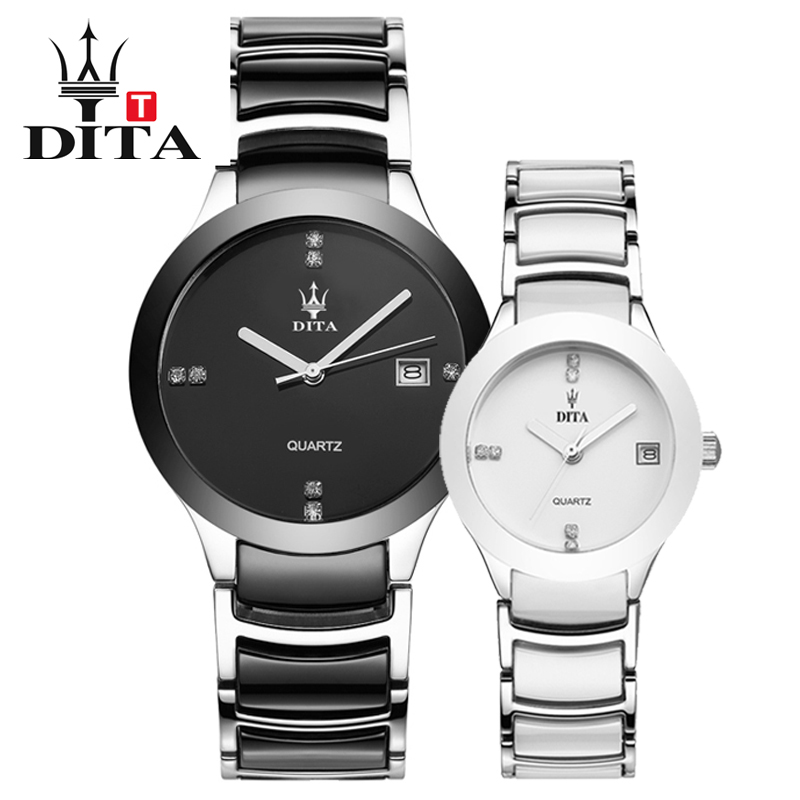 正品迪塔5折手表陶瓷精钢防水男女表白色女士腕表情侣手表一对价