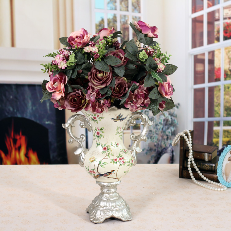 欧式花瓶仿真花套装树脂陶瓷奢华复古客厅餐桌花插摆件设结婚礼物折扣优惠信息