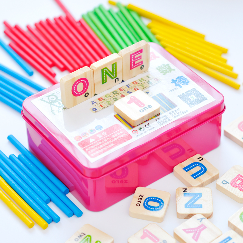 新款铁盒木制数数棒数字字母学习盒儿童数学早教教具计算架计数棒