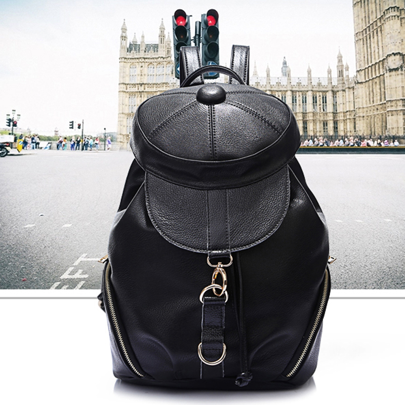 2015韩版新品潮时尚双肩包女旅行女士背包帽子包真皮背包黑色大包折扣优惠信息