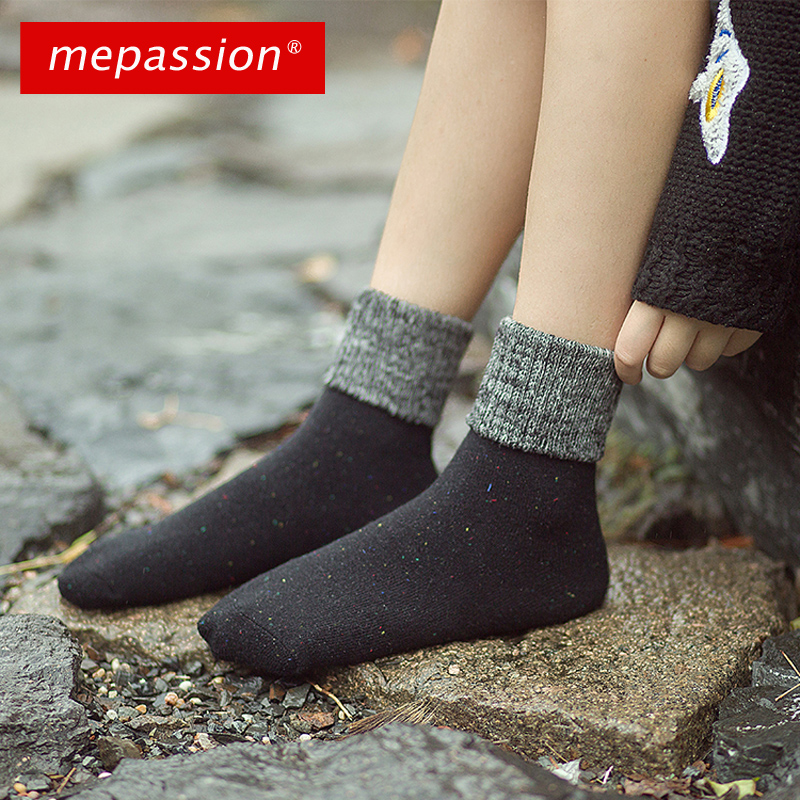 冬季翻口毛线袜加厚毛巾底袜子 女式日韩系中筒袜 纯棉加绒毛圈袜