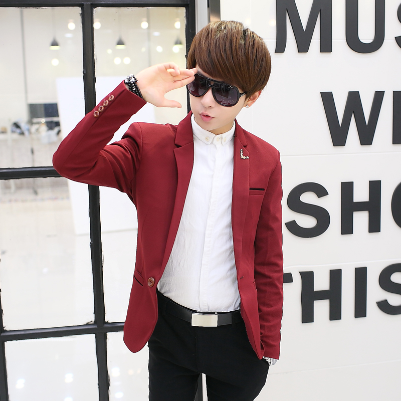 韩版新款潮男小西装修身一粒扣西服中长款西装青少年时尚流行外套