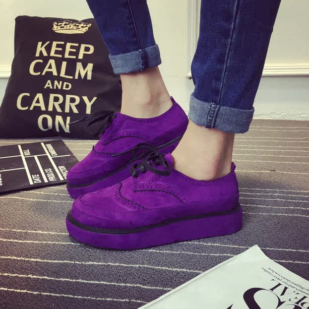 新款时尚韩版潮紫色磨砂松糕鞋女圆头系带休闲鞋平底平跟单鞋包邮