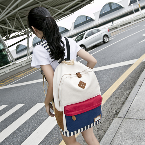 书包中学生女 日韩风旅行背包撞色帆布双肩包时尚休闲学院风包包折扣优惠信息