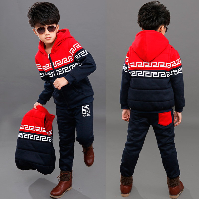 2015秋冬款童装男童韩版时尚套装儿童加绒加厚卫衣三件套厂家直销
