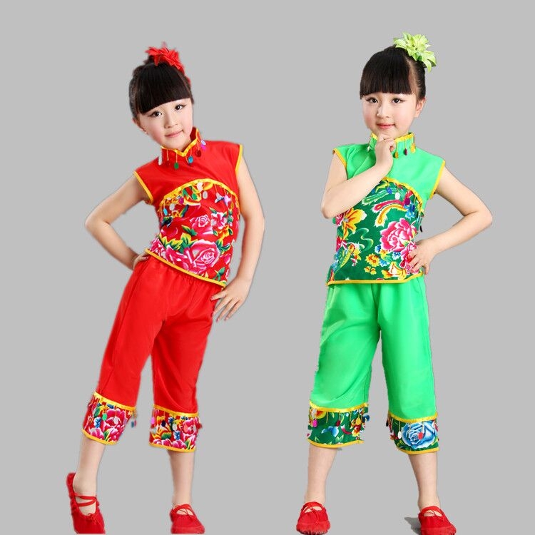 儿童民族风秧歌舞蹈服中国手绢舞扇子舞表演演出服女童红色绿色折扣优惠信息