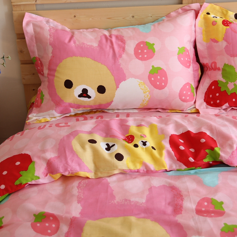 全棉糖果粉色草莓轻松熊卡通儿童 纯棉床上用品四件套床单床笠折扣优惠信息