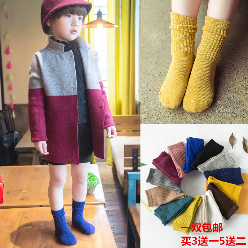 儿童袜子童袜韩国冬季新款糖果色纯棉堆堆袜婴童袜儿童中筒袜子