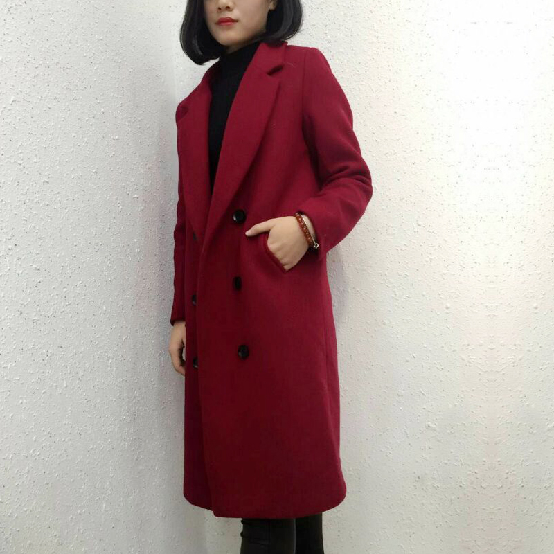 惠妮2015冬新款韩版羊毛呢外套女 中长款双排扣西装领呢子大衣