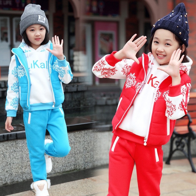 童装女童冬装2015新款儿童卫衣三件套加厚加绒女大童运动秋装套装