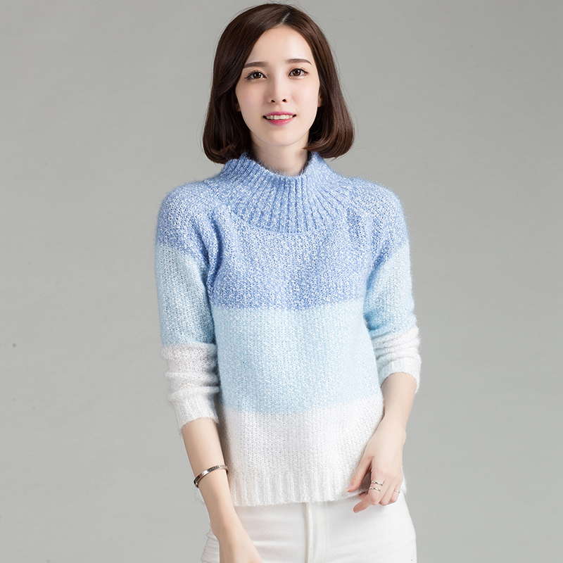 2015秋季新款韩版时尚学院风渐变宽松长袖圆领套头毛衣针织衫女
