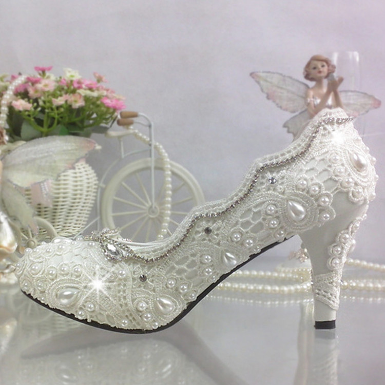 韩国白色蕾丝珍珠手工婚鞋高跟公主水晶花朵拍婚纱照水钻新娘女鞋