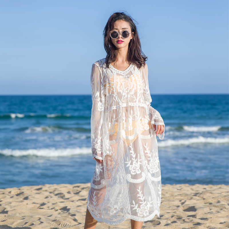 2016韩国宽松长袖沙滩外套比基尼泳衣罩衫性感透视蕾丝长裙沙滩裙