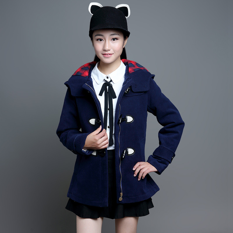 2015秋季新款韩版女童中大童学院风毛呢加厚外套风衣