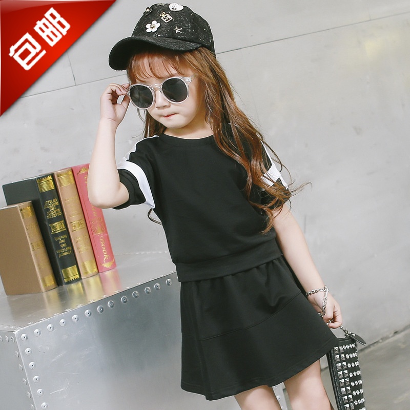 2016夏季女童韩版休闲运动黑白撞色两件套头短袖+裙子时尚套装潮