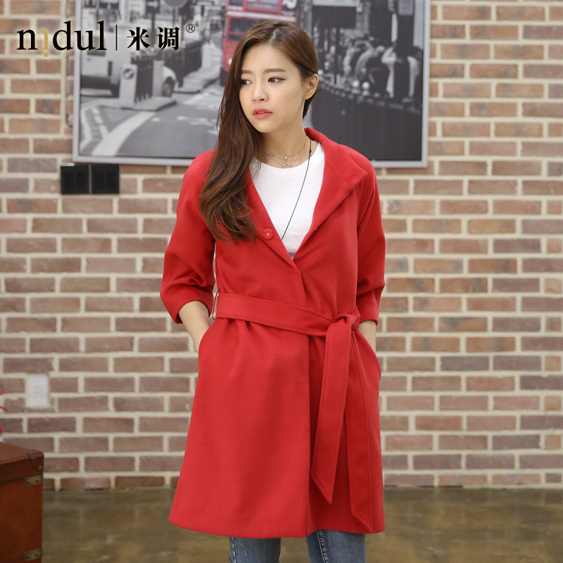2015秋装新品 韩版女装新款长袖羊毛呢外套薄款呢子大衣女中长款