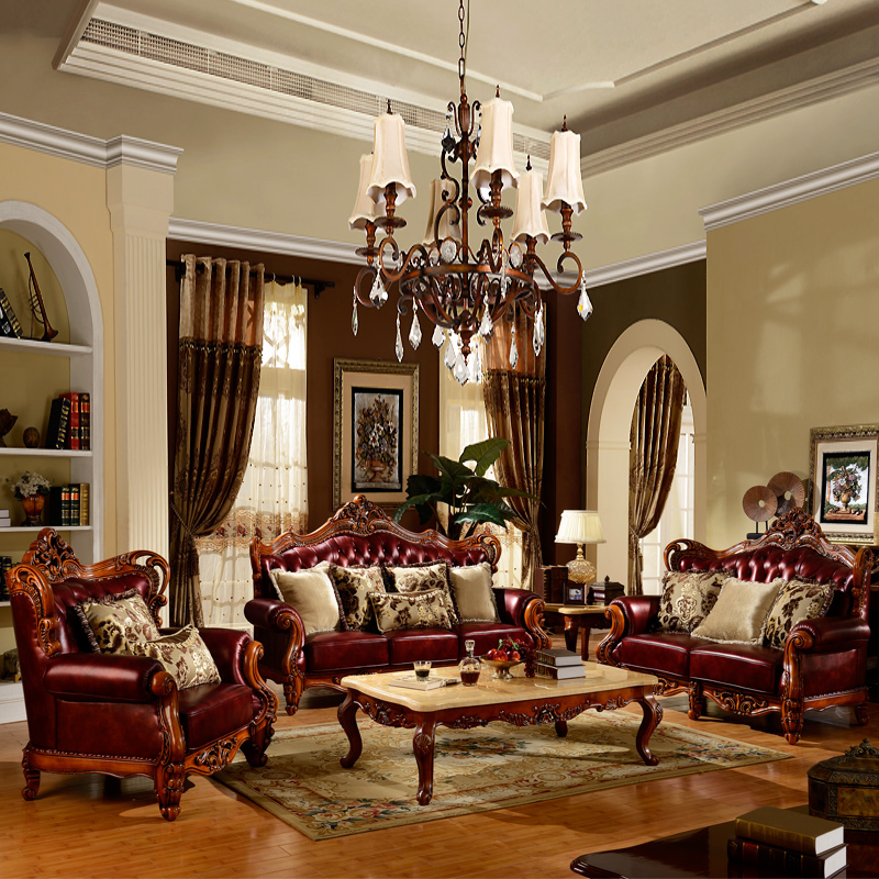 高级欧式沙发美式仿古沙发复古真皮沙发实木雕刻欧式真皮沙发