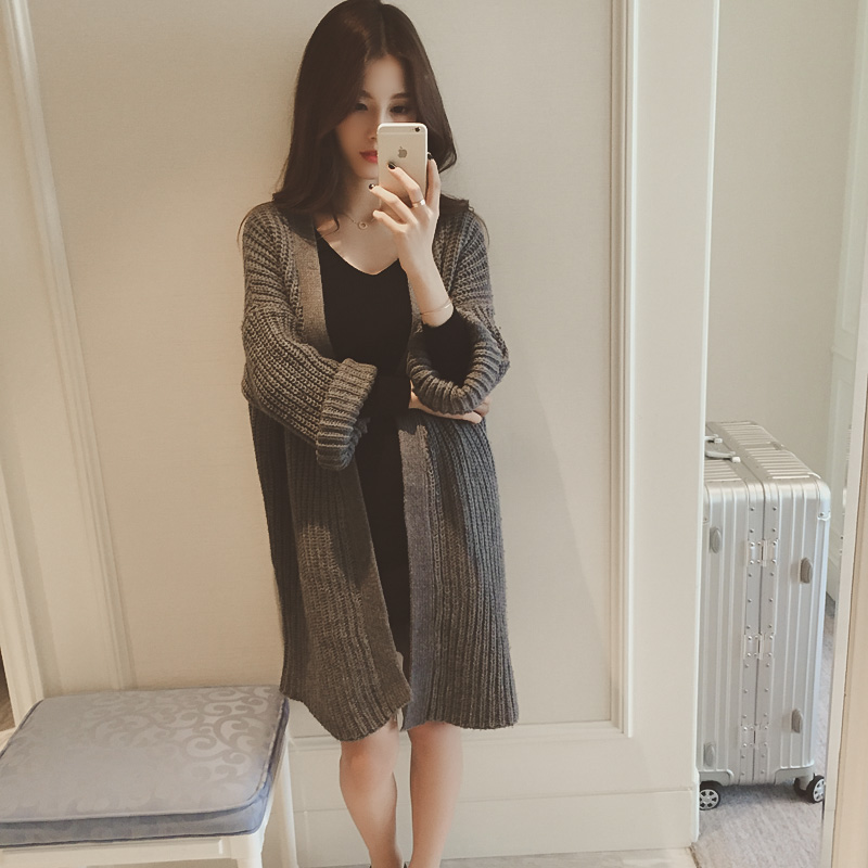 秋季新款女装 韩版时尚百搭纯色宽松显瘦长袖中长款针织开衫外套