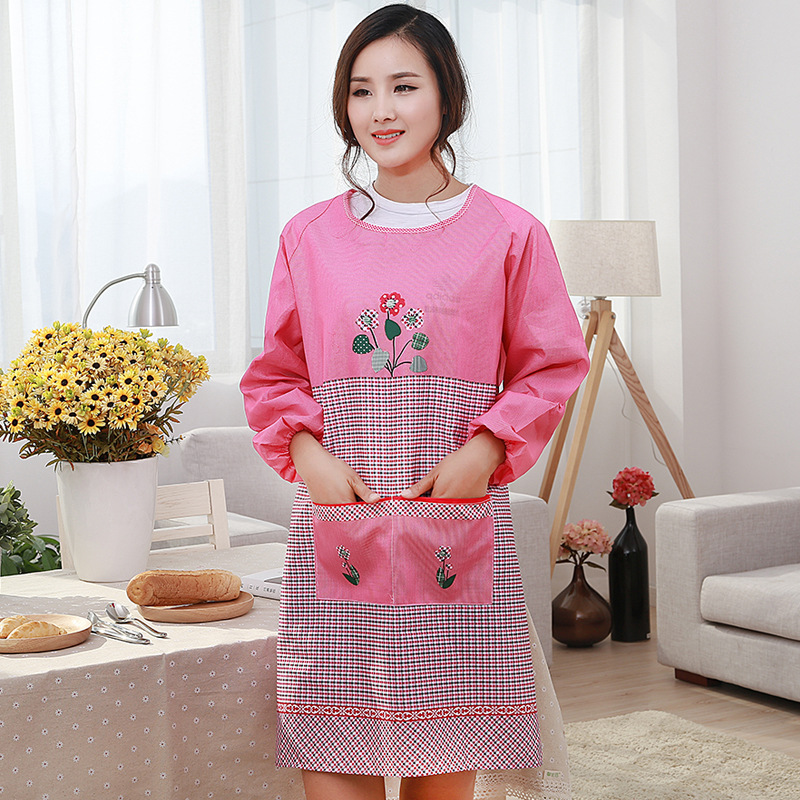 韩版时尚可爱护衣女罩衣成人厨房做饭长袖围裙防水防油带袖工作服