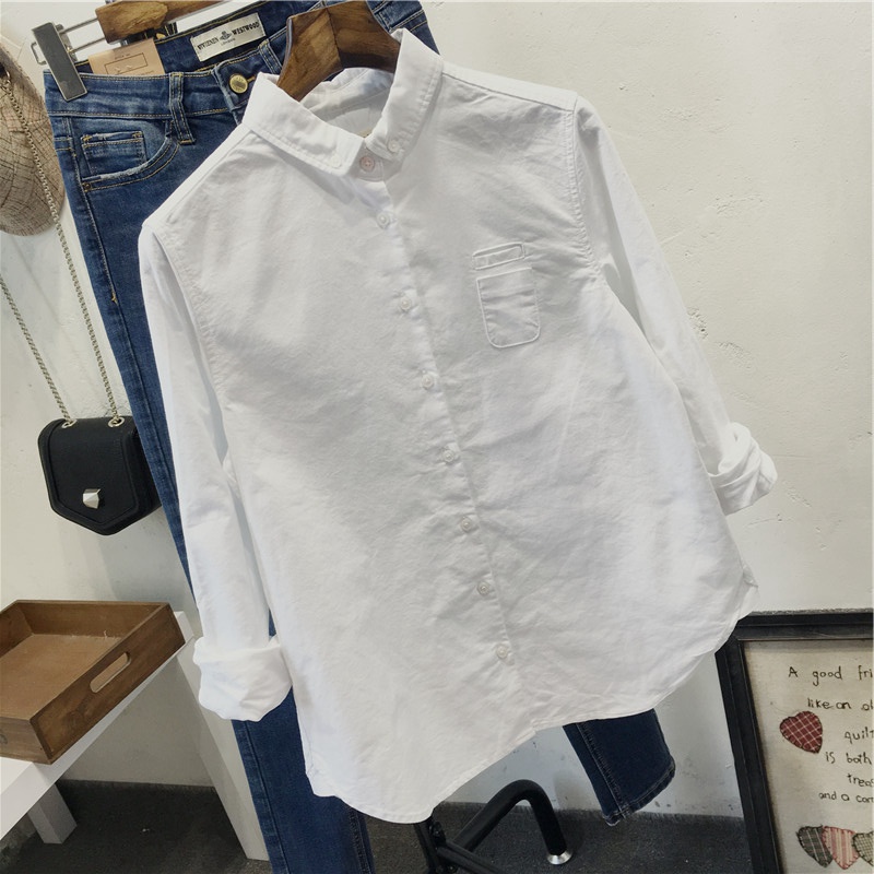 日系小清新 春装纯棉牛津纺单口袋白色简单长袖衬衫 修身休闲衬衣