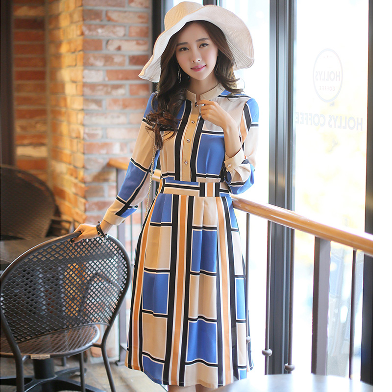 2016立领通勤中腰套头常规韩版长裙长袖单件新款春季新品连衣裙