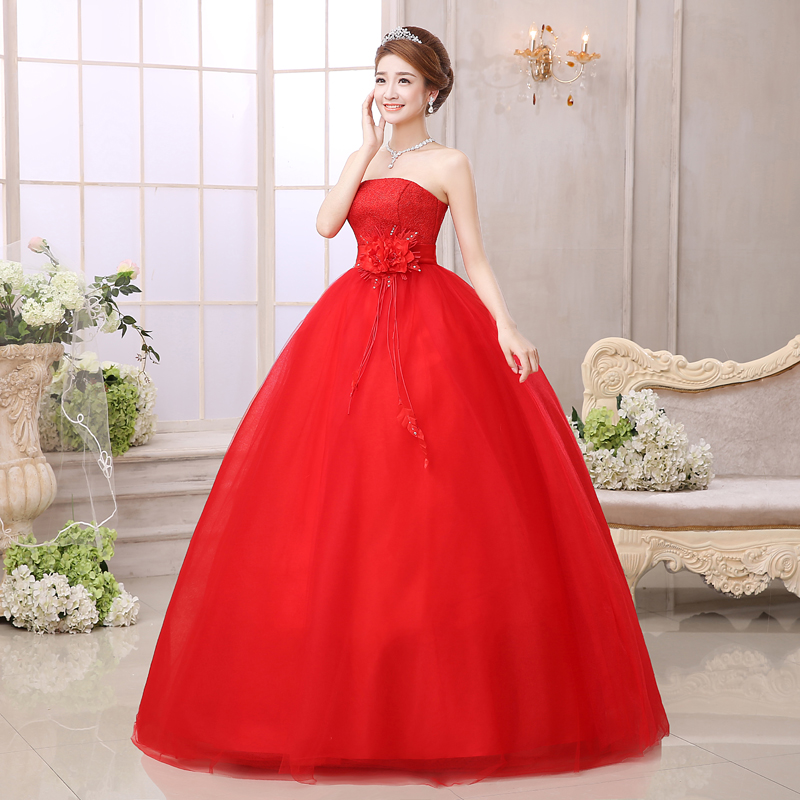 婚纱2015新款 新娘结婚抹胸韩版齐地显瘦大码红色婚纱礼服孕妇款