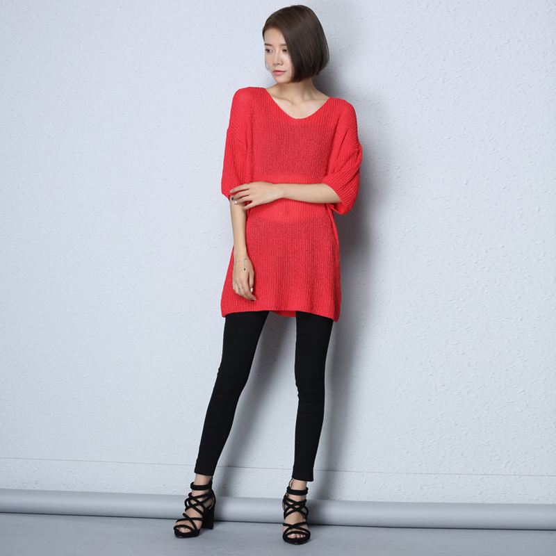 SHITI/诗媞 原创设计 2015秋季新款七分袖套头纯棉镂空毛衣针织衫