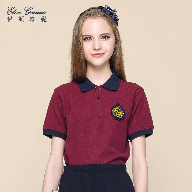 Etongenius英伦学院风学生女式翻领宽松短袖Polo款T恤衫 棉T024